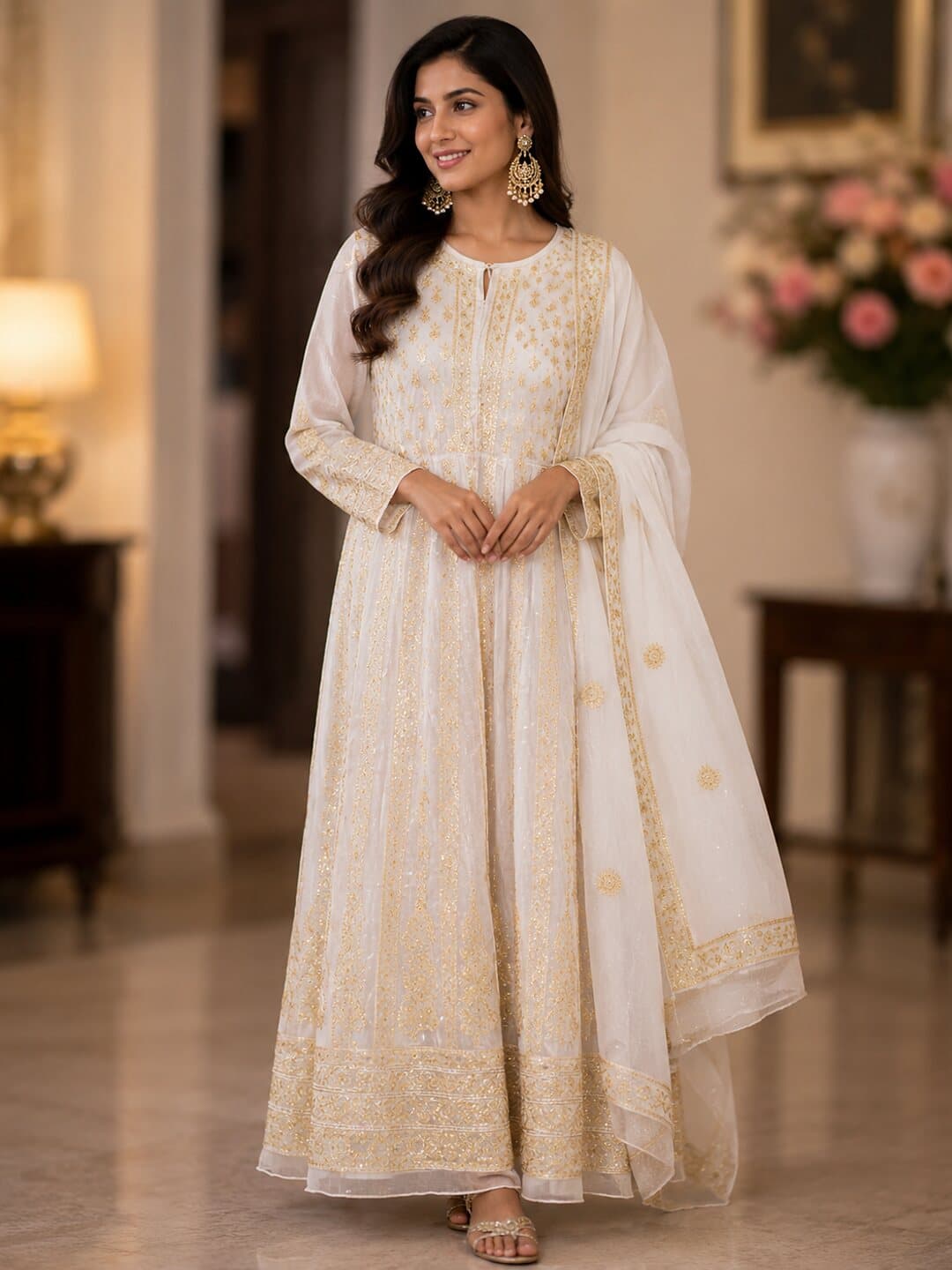 Ivory floor-length anarkali worked in gold Lucknowi zardozi, with a matching gold-bordered dupatta